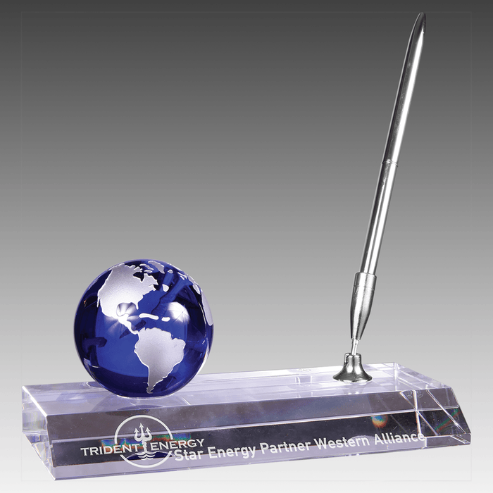 7" x 3" Blue Crystal Globe with Base and Pen