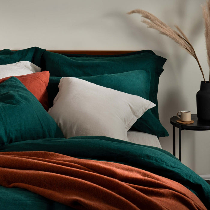 Dark Emerald French Linen Bed Sets Superking - breathable, natural, styled in a bedroom | Soak and Sleep