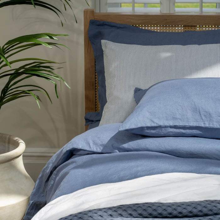 Denim Blue French Linen Bedding And Bed Sheets - breathable, close-up detail 2 | Soak and Sleep