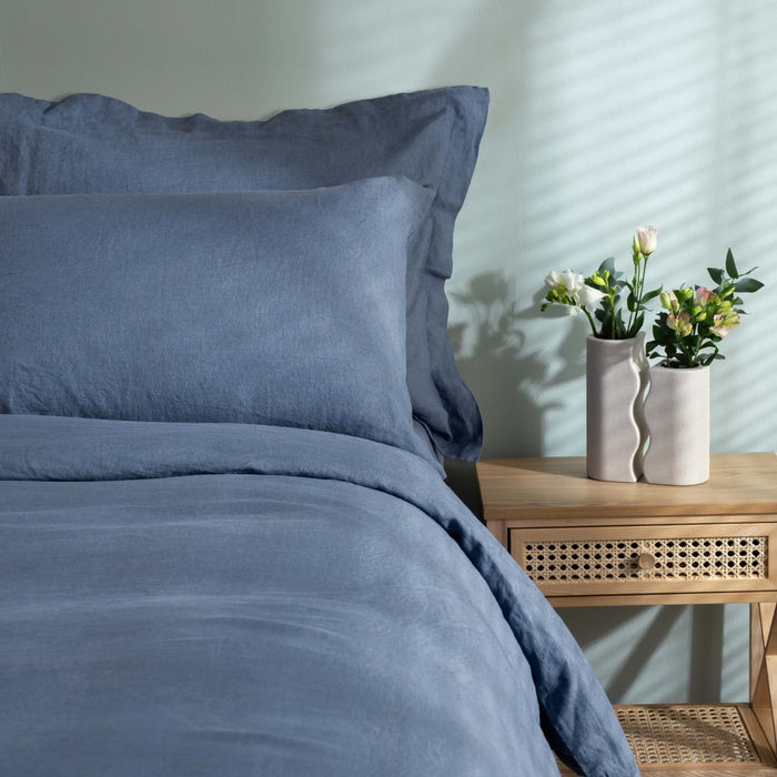 Denim Blue French Linen Bedding And Bed Sheets - breathable, bedroom detail | Soak and Sleep