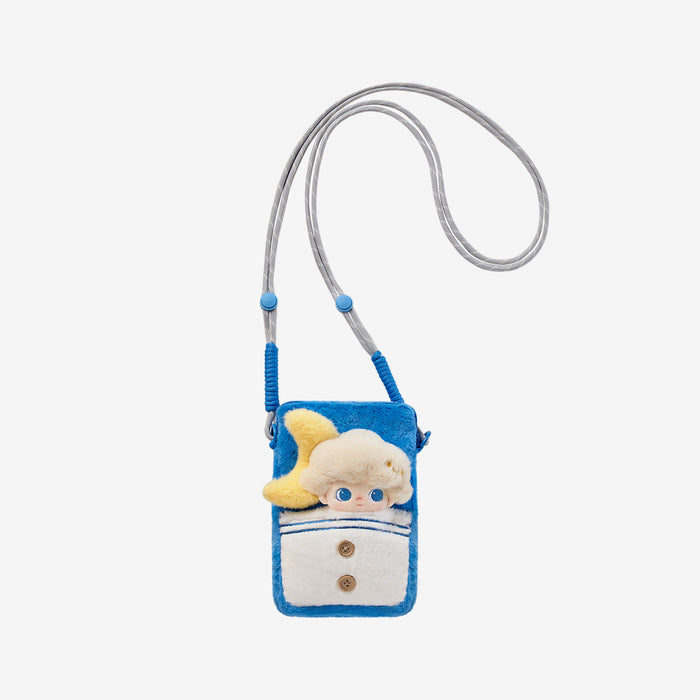 DIMOO Weaving Wonders Series-Quilt Phone Case Blind Box: Plush cross-body bag with fuzzy blue fabric, white buttoned pocket, showcasing a doll head.