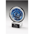 7" Blue and White Disc Art Glass on Clear Glass Base