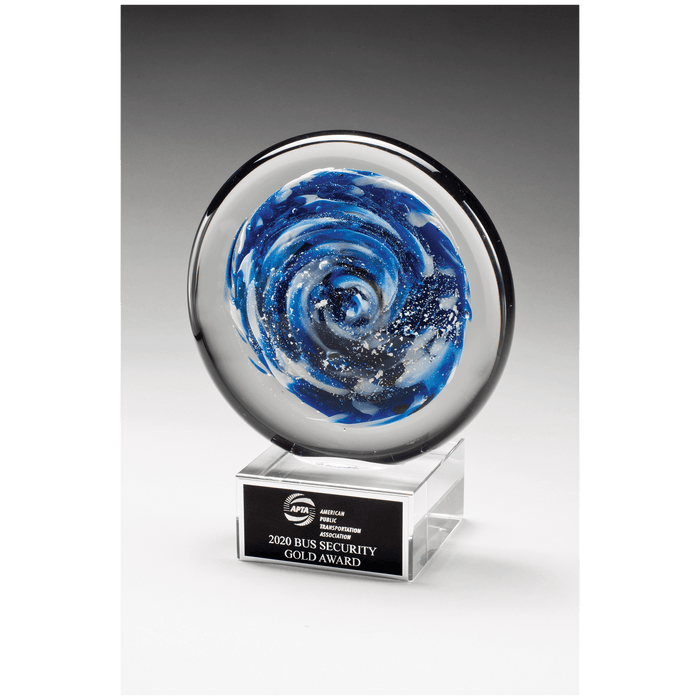 7" Blue and White Disc Art Glass on Clear Glass Base
