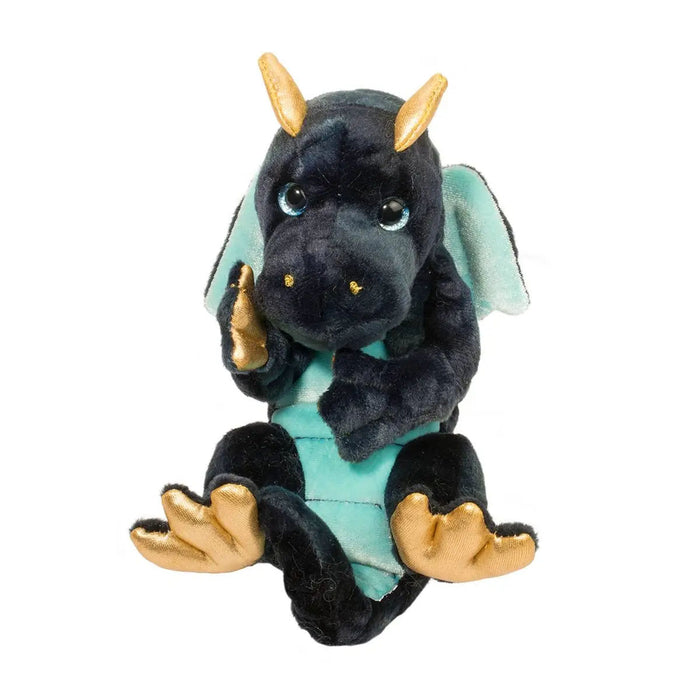 Green and turquoise baby dragon plush toy with gold feet and horns.