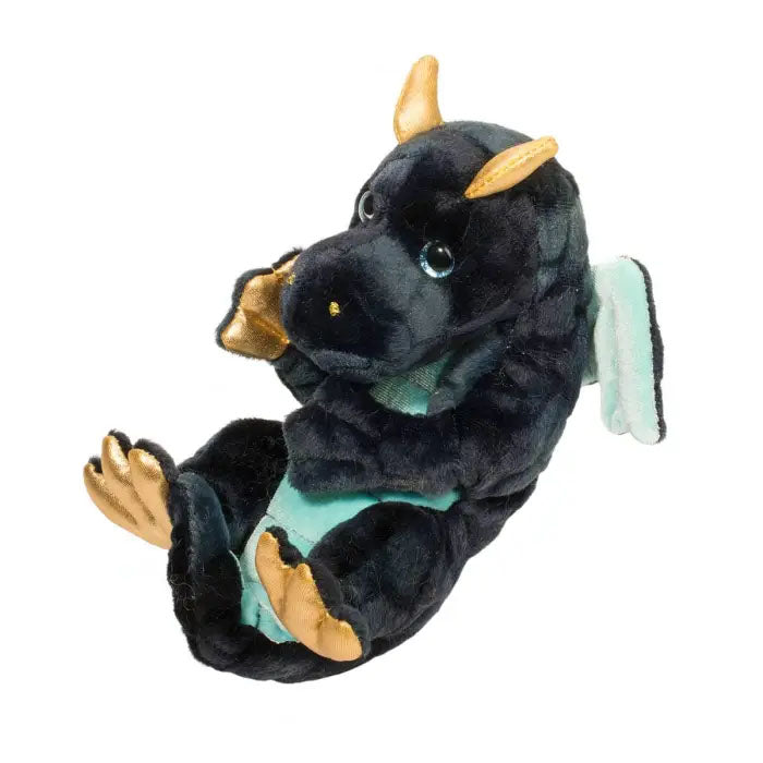 Green and turquoise baby dragon plush toy with gold feet and horns.