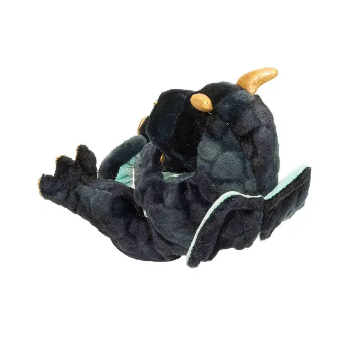 Green and turquoise baby dragon plush toy with gold feet and horns.
