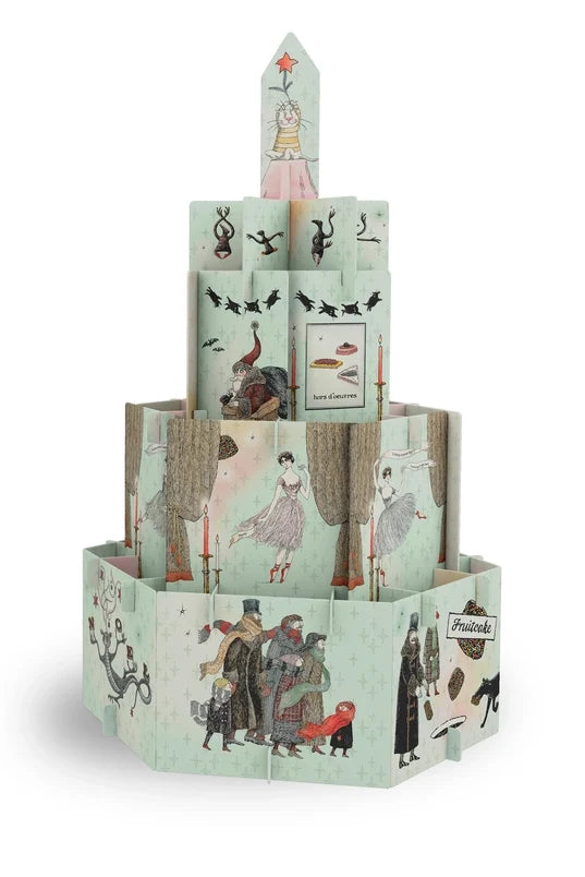 A vintage-style illustrated paper tower set  on a plain white background. The tower is made of multiple printed paper panels with whimsical drawings