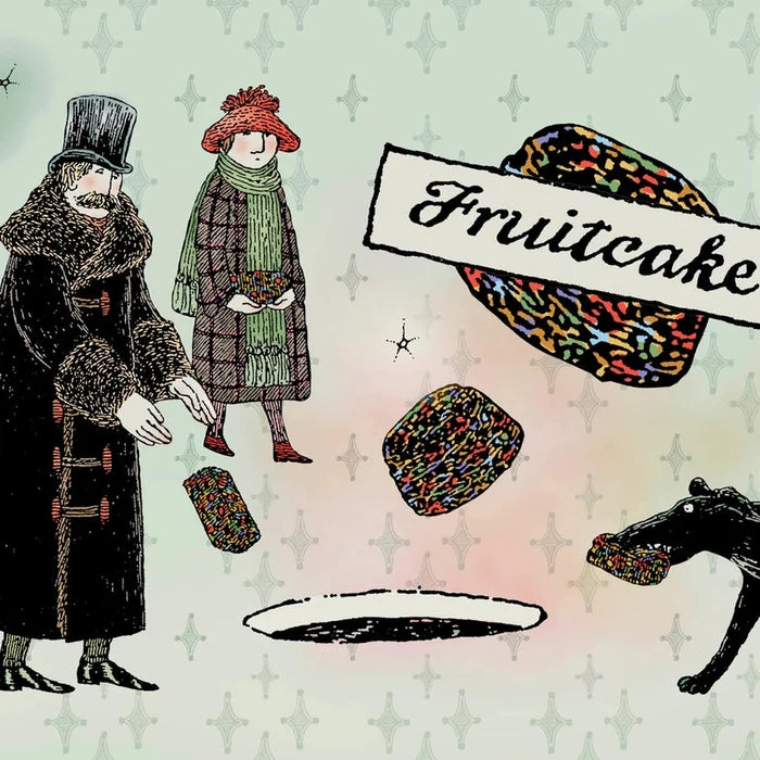 Vintage-style illustration featuring two people in winter clothing holding pieces of a multicolored patterned fruitcake, with a large sign reading 'Fruitcake' and a dog carrying a piece on a pale patterned background.