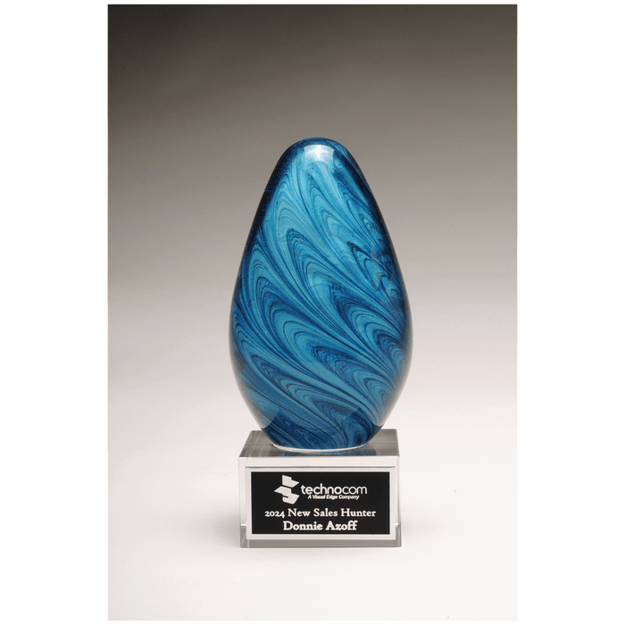 6.25" Blue and Green Egg Shaped Art Glass on Clear Base