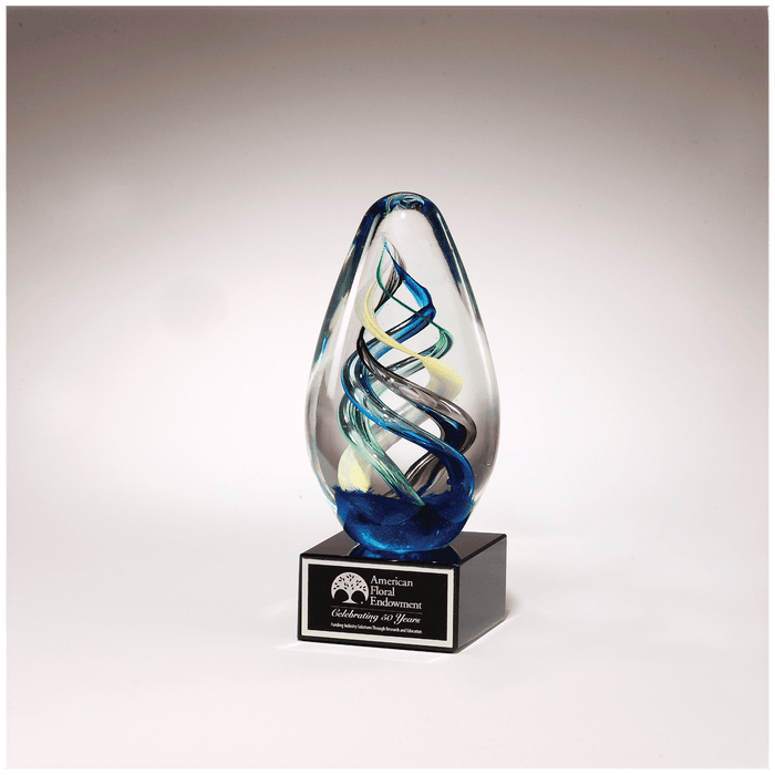 7.1" Egg Shaped Colored Art Glass on Black Glass Base