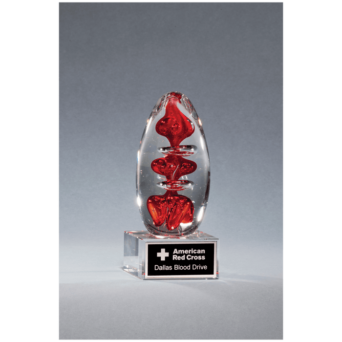 5.25" Red Egg Shaped Art Glass on Clear Glass Base