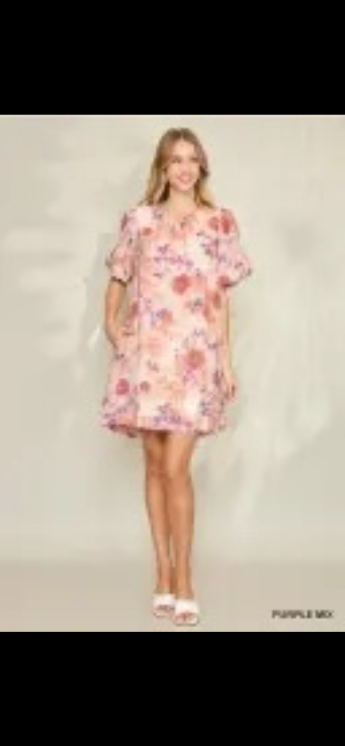 Entro-Pink Floral Print A-Line Dress Puff Sleeves