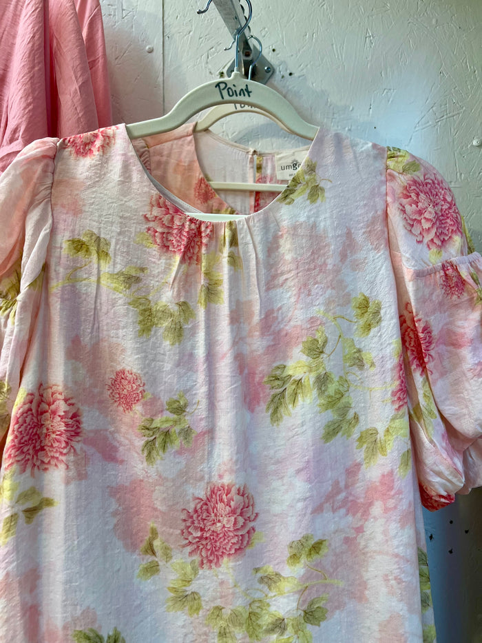 Entro-Pink Floral Print A-Line Dress Puff Sleeves