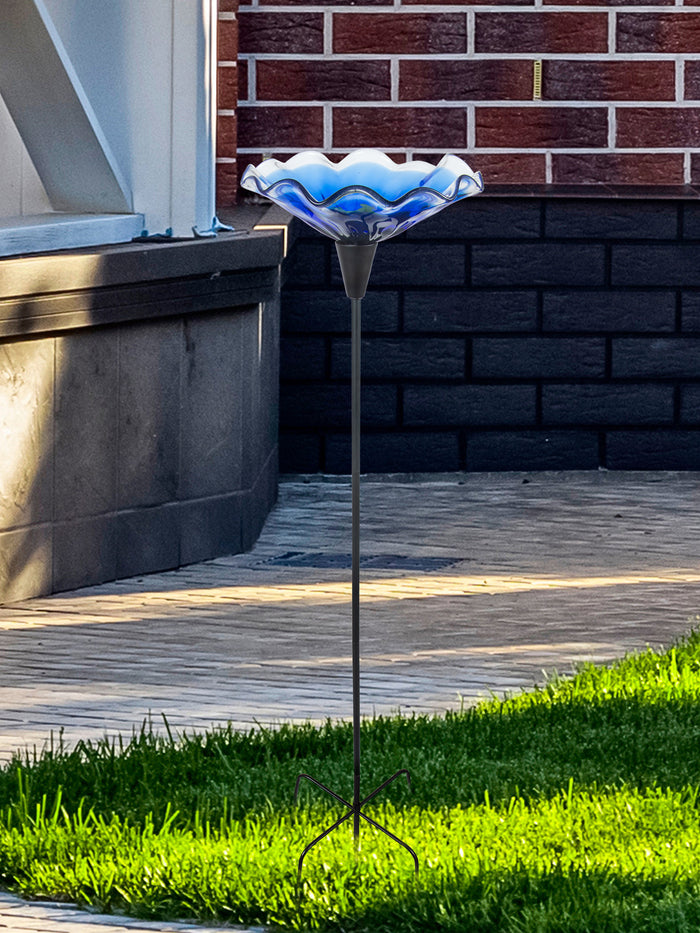 Fiore Bloom Blue Hand Blown Art Glass Bird Bath Feeder
