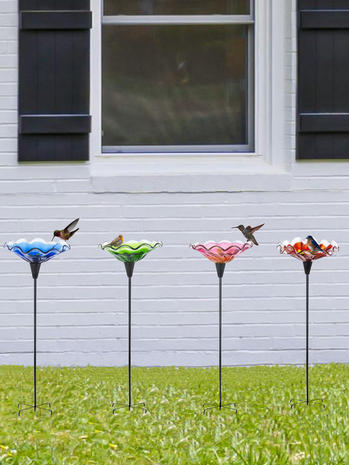 Fiore Bloom Blue Hand Blown Art Glass Bird Bath Feeder