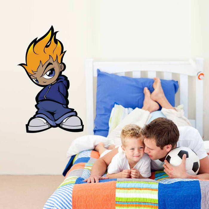 36 inch Flamehead decal installed on wall in boys room.