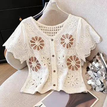 Floral Buttoned Blouse with Intricate Patterns-ONE SIZE