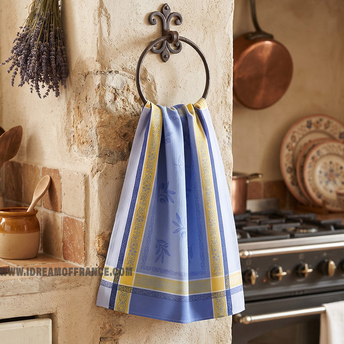 French kitchen towel - Jacquard cotton - Reversible - Olivia blue & yellow | Tissus Toselli