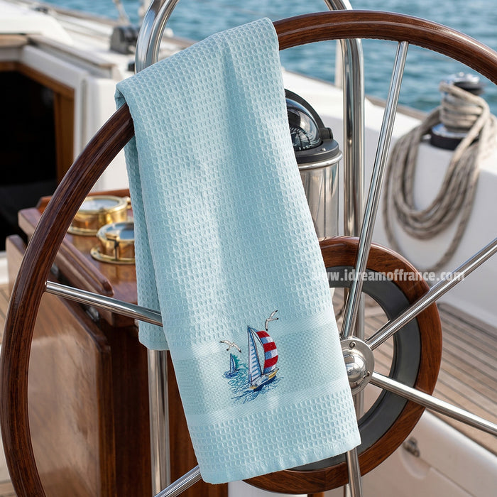 French kitchen towel - Waffle-weave - Embroidered - Sailboat aqua | Cotton Blanc - Lifestyle