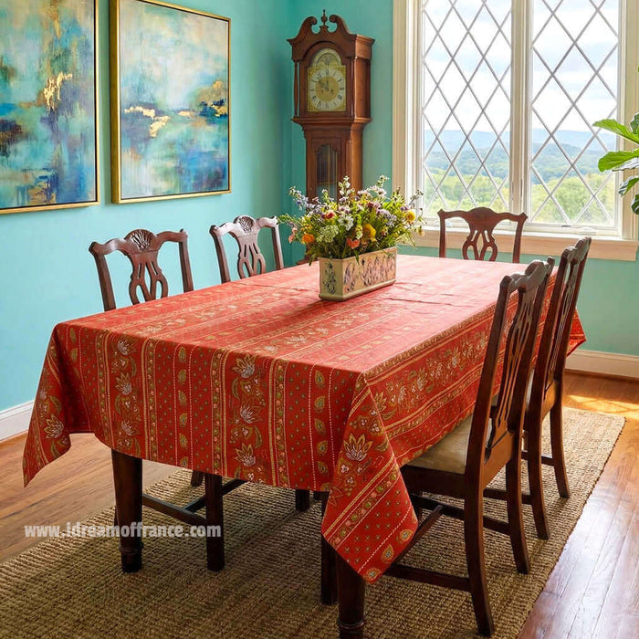 Lisa Red French acrylic-coated cotton tablecloth by Le CLuny