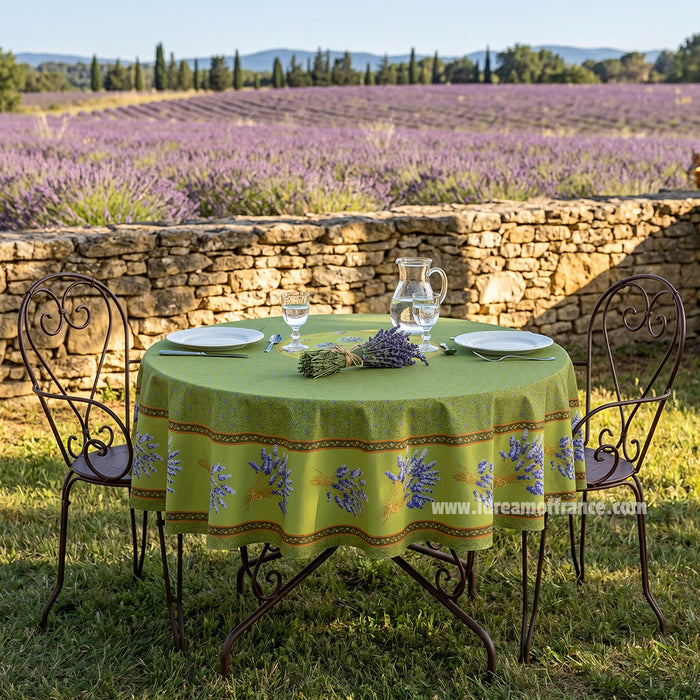 French Provencal tablecloth - Acrylic coated cotton, Spill-proof - 70" Round - Lavender green | Le Cluny - Lifestyle