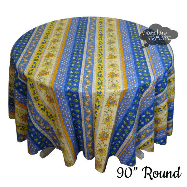 90" Round Monaco Blue Cotton Coated Provence Tablecloth by Le Cluny