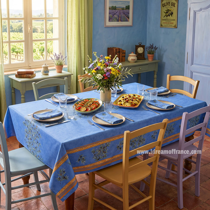 French Provencal tablecloth - Acrylic coated cotton, Spill-proof - Rectangular - Clos des Oliviers blue | Label France - Lifestyle Image