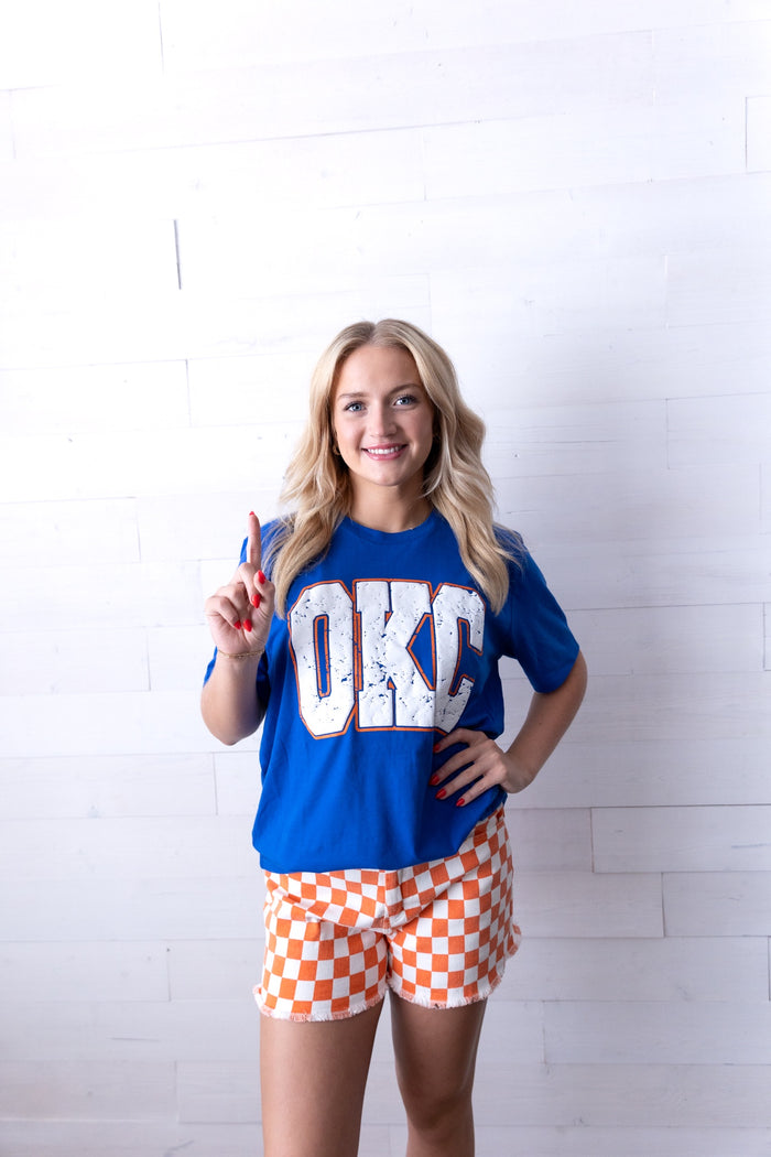 Gameday Checkered Frayed Hem Casual Shorts Orange