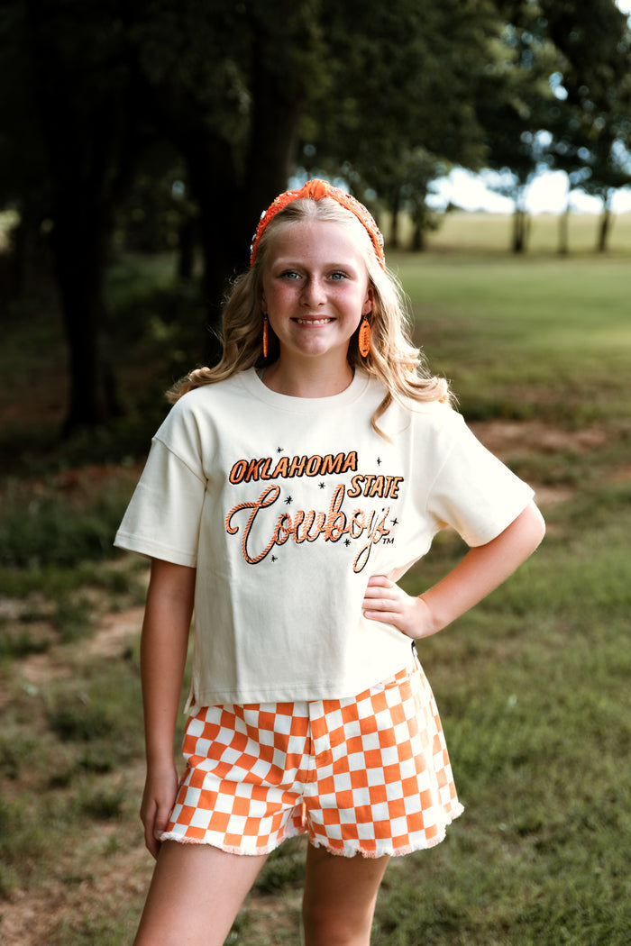 Gameday Checkered Frayed Hem Casual Shorts Orange