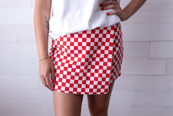 Gameday Checkered Frayed Hem Casual Skorts Red