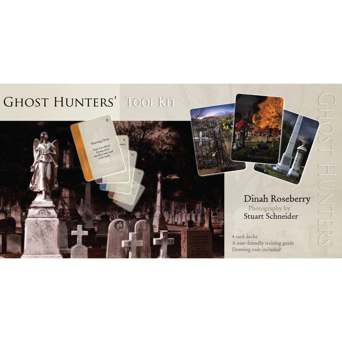 The image features the cover of the 'Ghost Hunters' Tool Kit, displaying a somber yet evocative scene with an angelic figure overlooking a cemetery. The kit's contents are previewed.