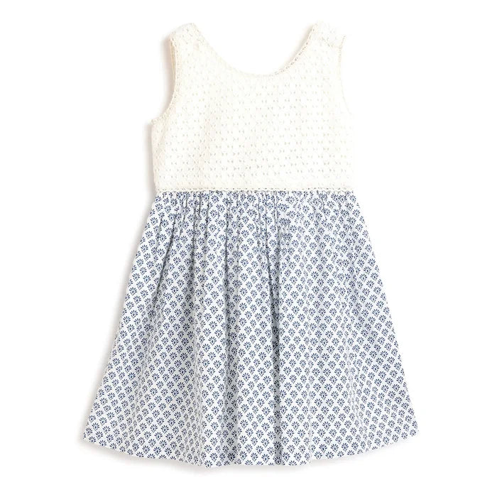 Girls White & Blue Printed Dress