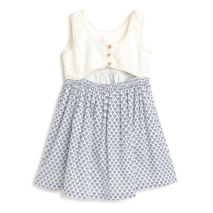 Girls White & Blue Printed Dress