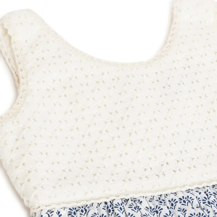 Girls White & Blue Printed Dress
