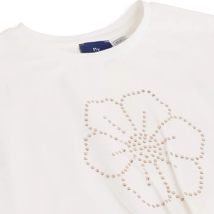 Girls White Floral Printed T-shirt