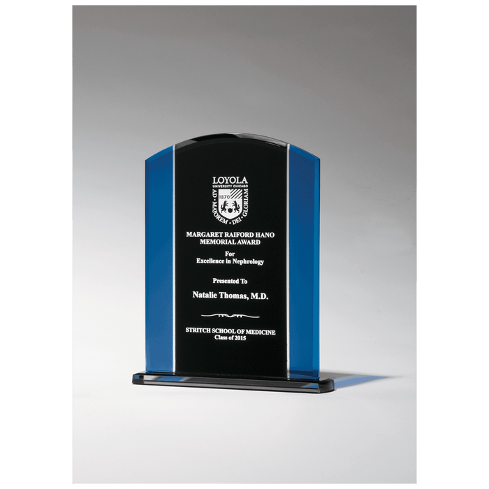 Clear Glass w/Blue/Black Background Upright and Black Base