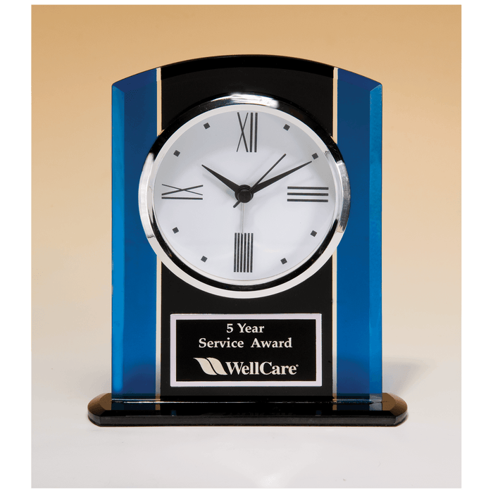 Black & Blue Glass Clock, Silver Bezel, Three Hand Movement