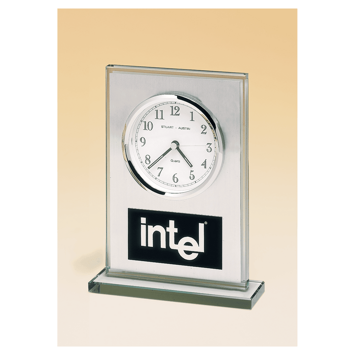 Glass Clock, Brushed Aluminum Panel, White Dial