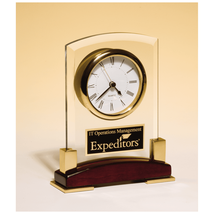 6 x 7.75" Glass Desk Clock, Rosewood Piano Finish Base