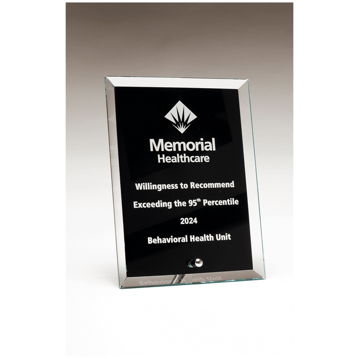 Clear Glass Plaque w/Painted Black Background, Silver Post