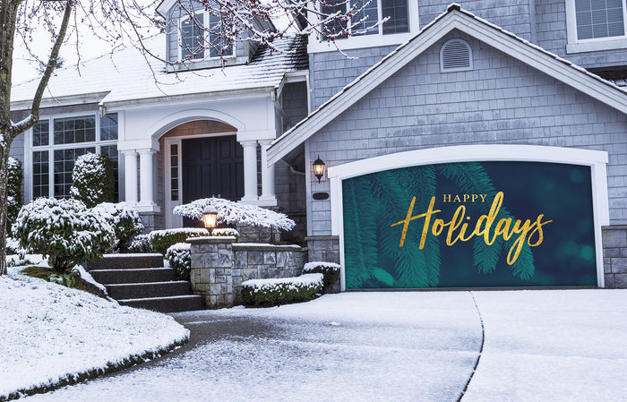 Gold Happy Holidays Christmas with Tree Evergreen Garage Door Cover Banner Wrap