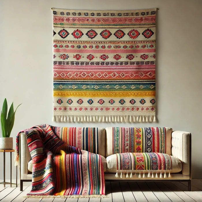Handwoven Ethnic Stripe Sofa Cover - Aqua Breeze