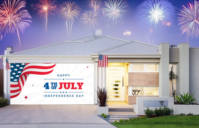 Happy 4th Of July USA Flag Waving With Stars On White Background Garage Door Cover Banner