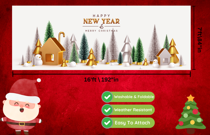 Happy New Year! Christmas Trees Lush Green And Silver Garage Door Cover Wrap Christmas Banner