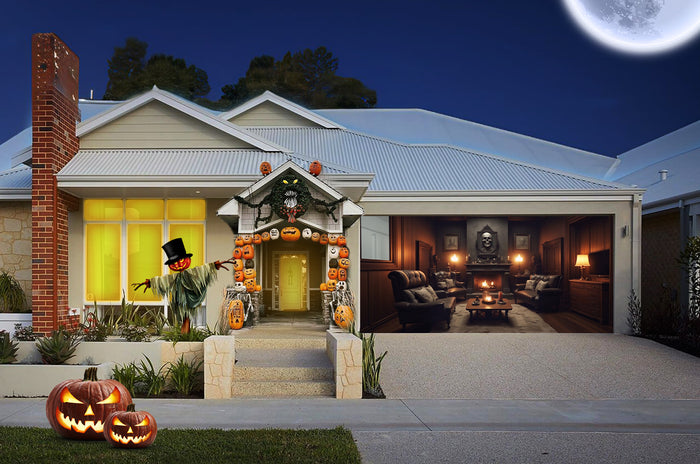 Haunting Living Room Featuring a Sole Skull Garage Door Cover Banner Wrap - Decor Your Door