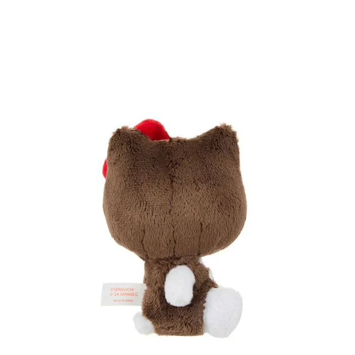 Back view of Hello Kitty x Monchhichi HK as MCC Plush Keychain, showcasing a brown bear costume with white paws, tail, and a red bow.