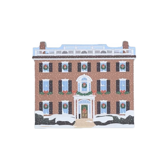 A wood block of The Andrew-Safford House decorated for the holidays.