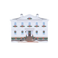 Decorative wood block of the Cotting-Smith Assembly House decorated for the holidays.