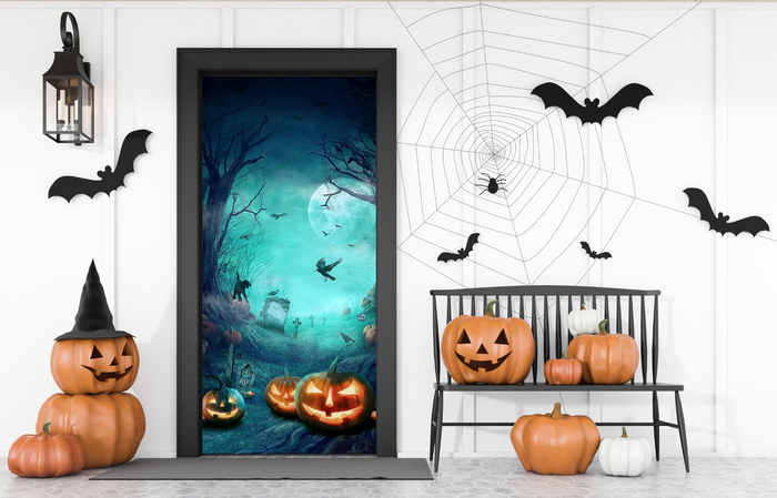 Horror Moon Night Dead Tree Scary Cemetery Pumpkins Graveyard Front Door Cover