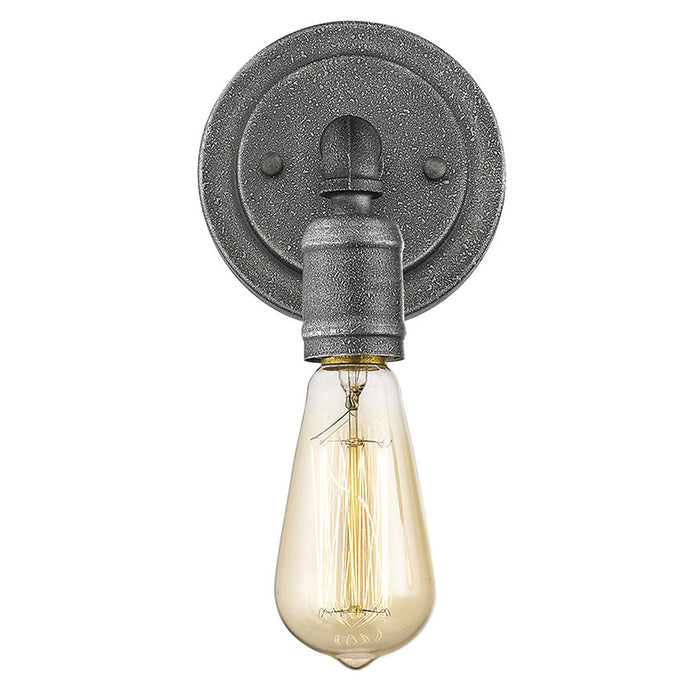 Front view of the lighted Textured gray industrial wall sconce with exposed Edison-style bulb